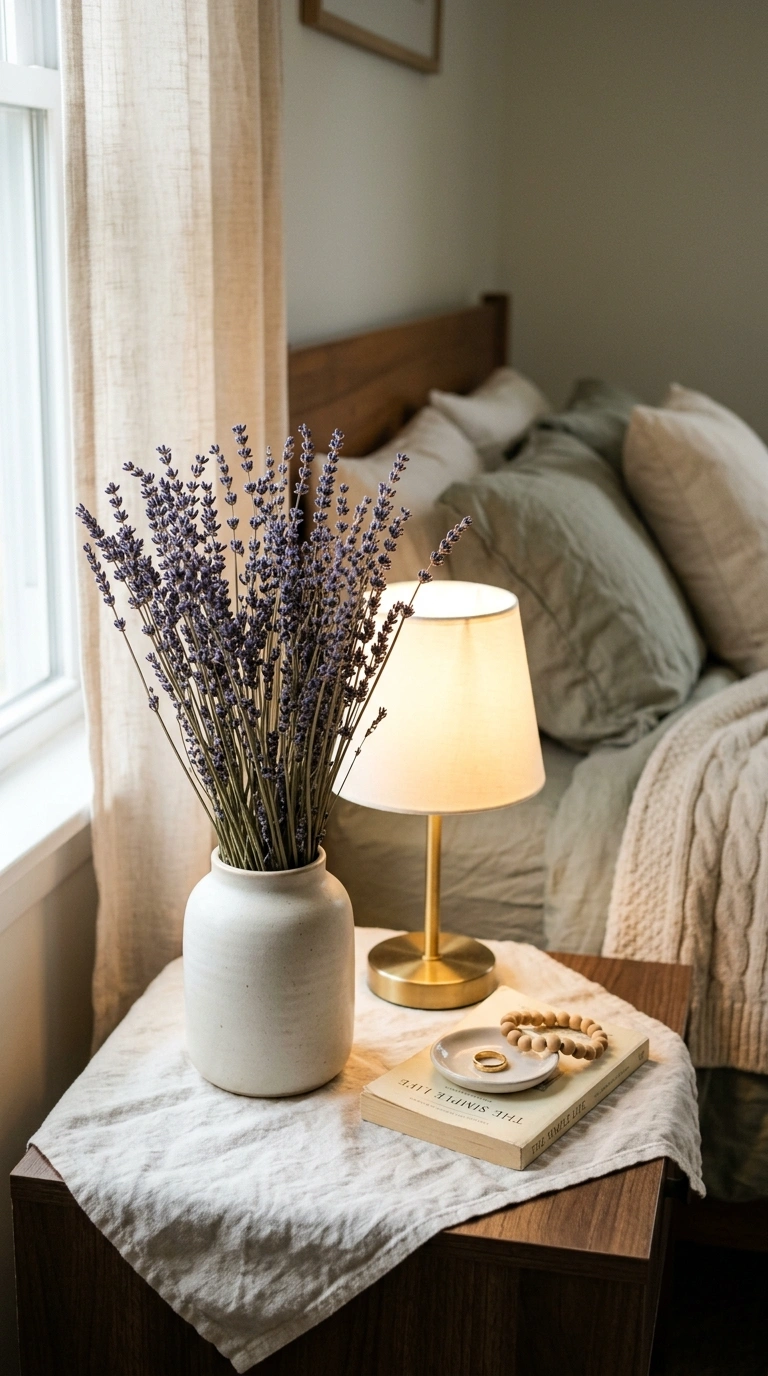 004 A bedroom nightstand styled with a dried lavender