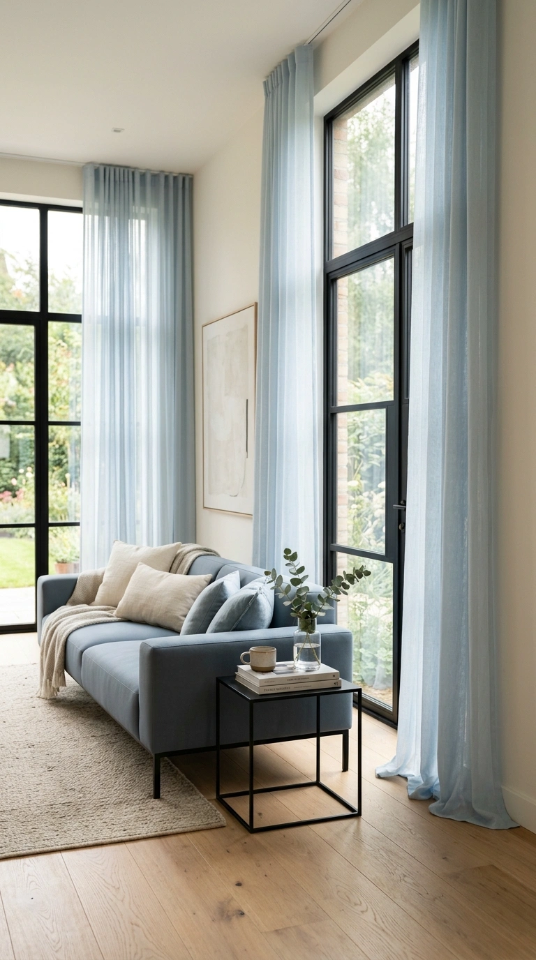 004 A bright living room with tall black framed window