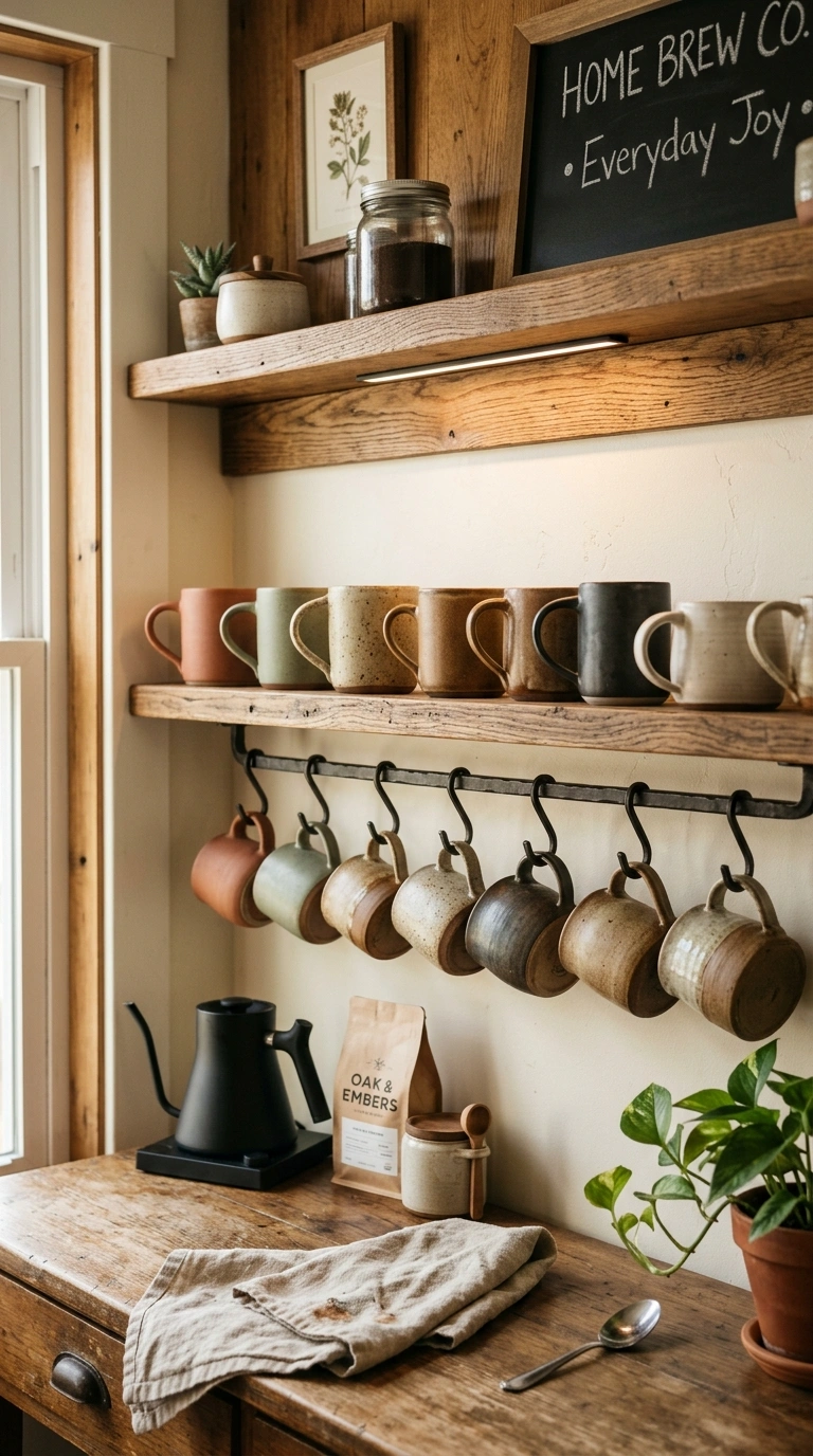 004 A home coffee bar with everyday stoneware mugs in