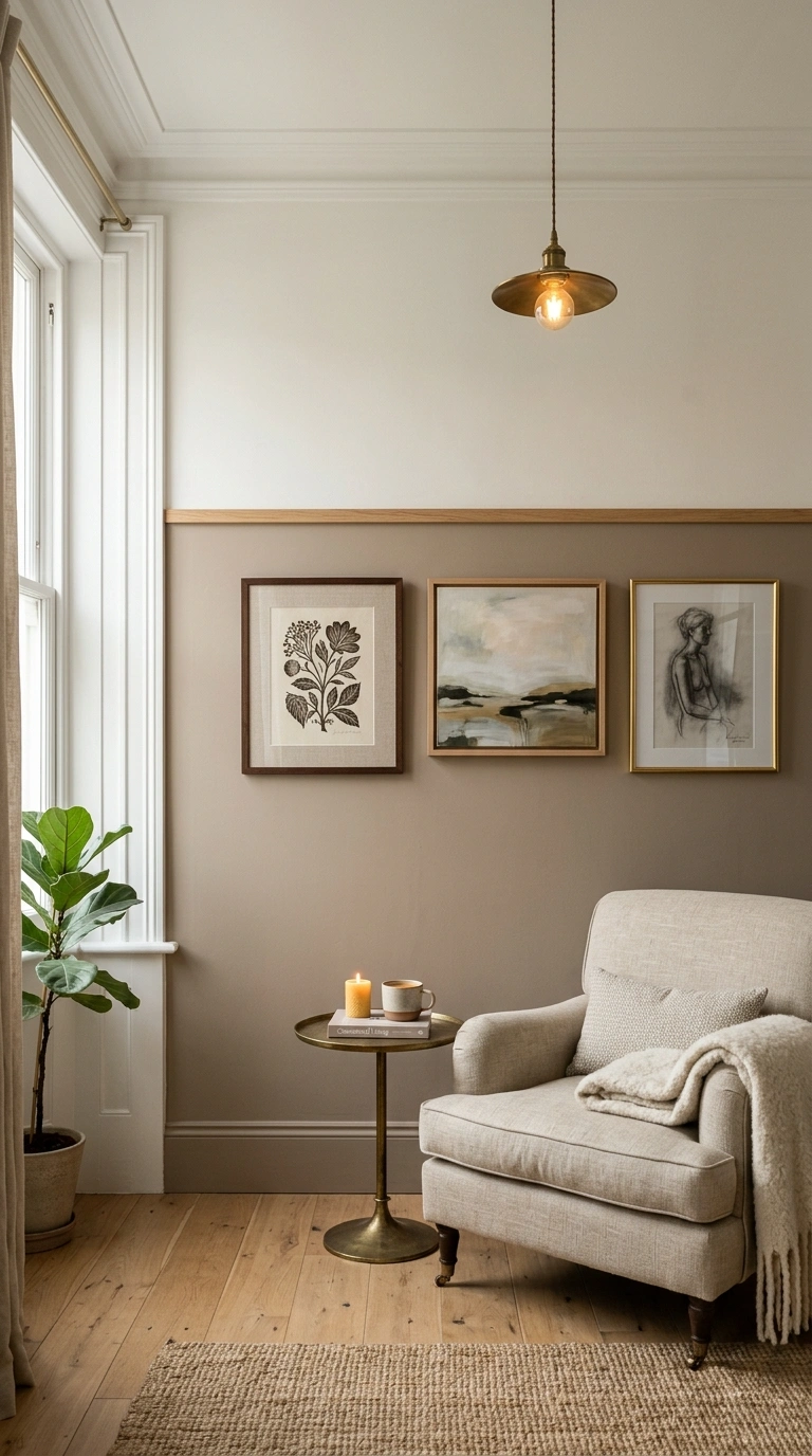 004 A living room with a two tone wall taupe below a s