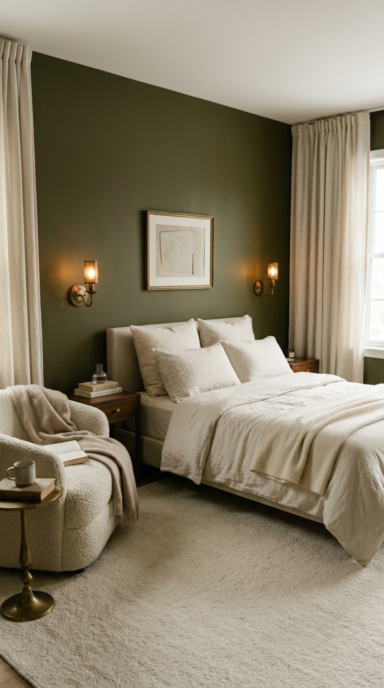 004 A moody bedroom with a deep olive green accent wal