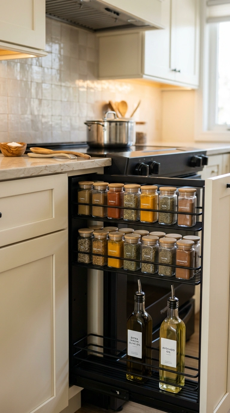 004 A narrow vertical pull out spice and oil rack abou