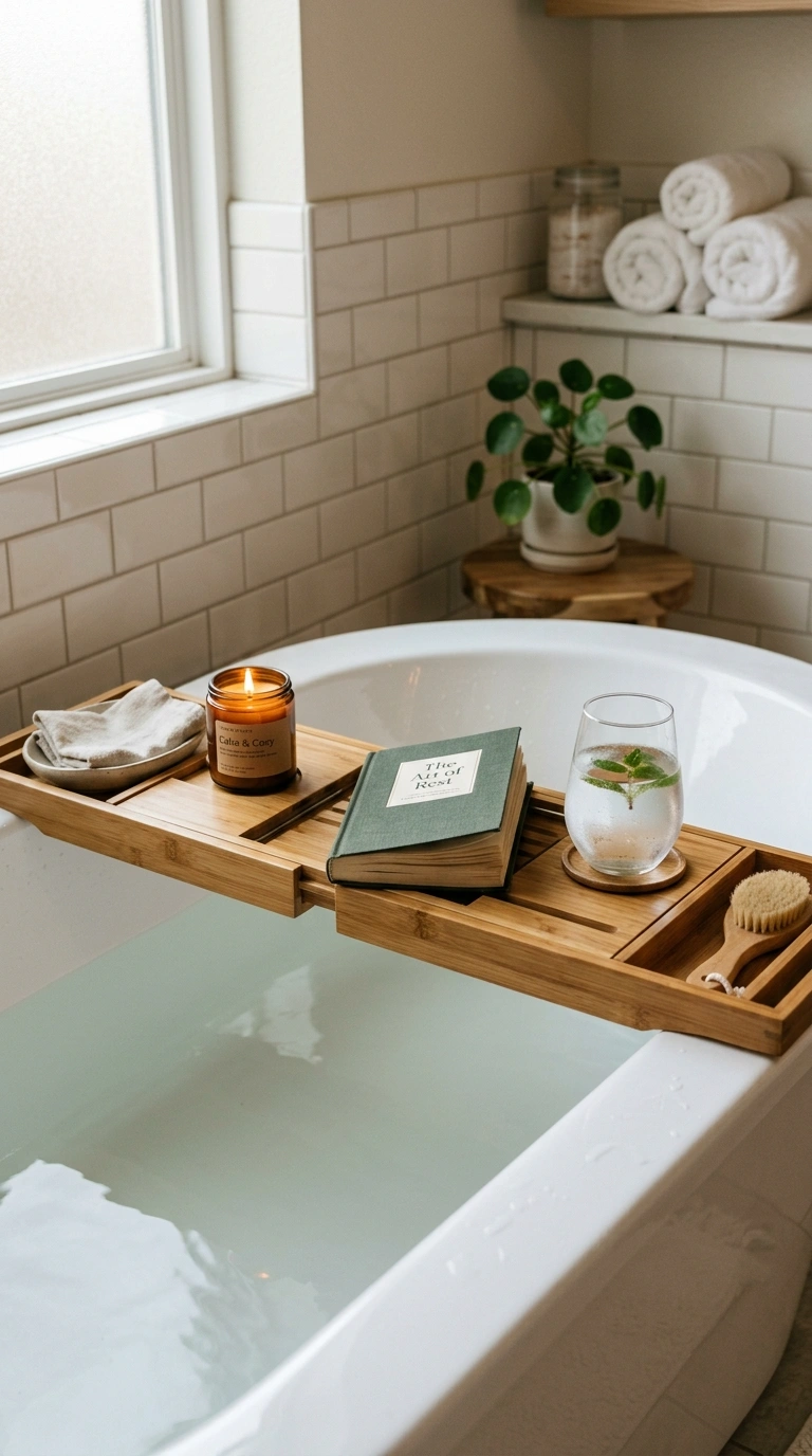 004 A natural bamboo bathtub caddy tray resting across