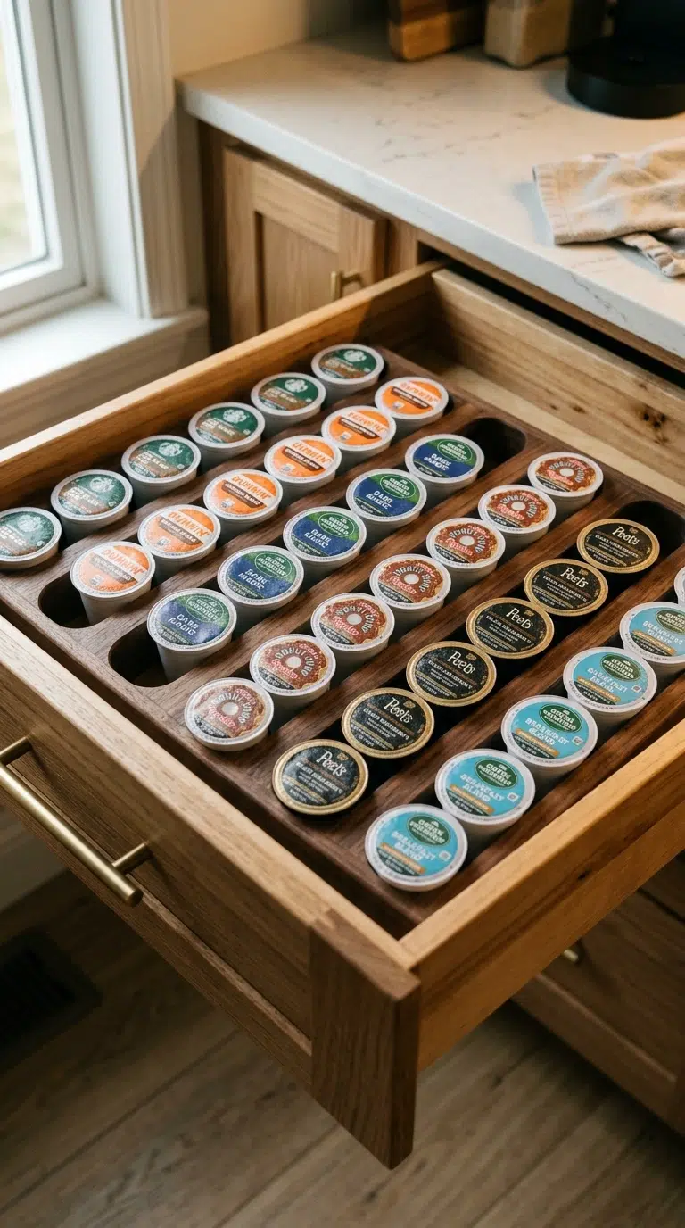 004 An open kitchen drawer revealing a wood K cup orga