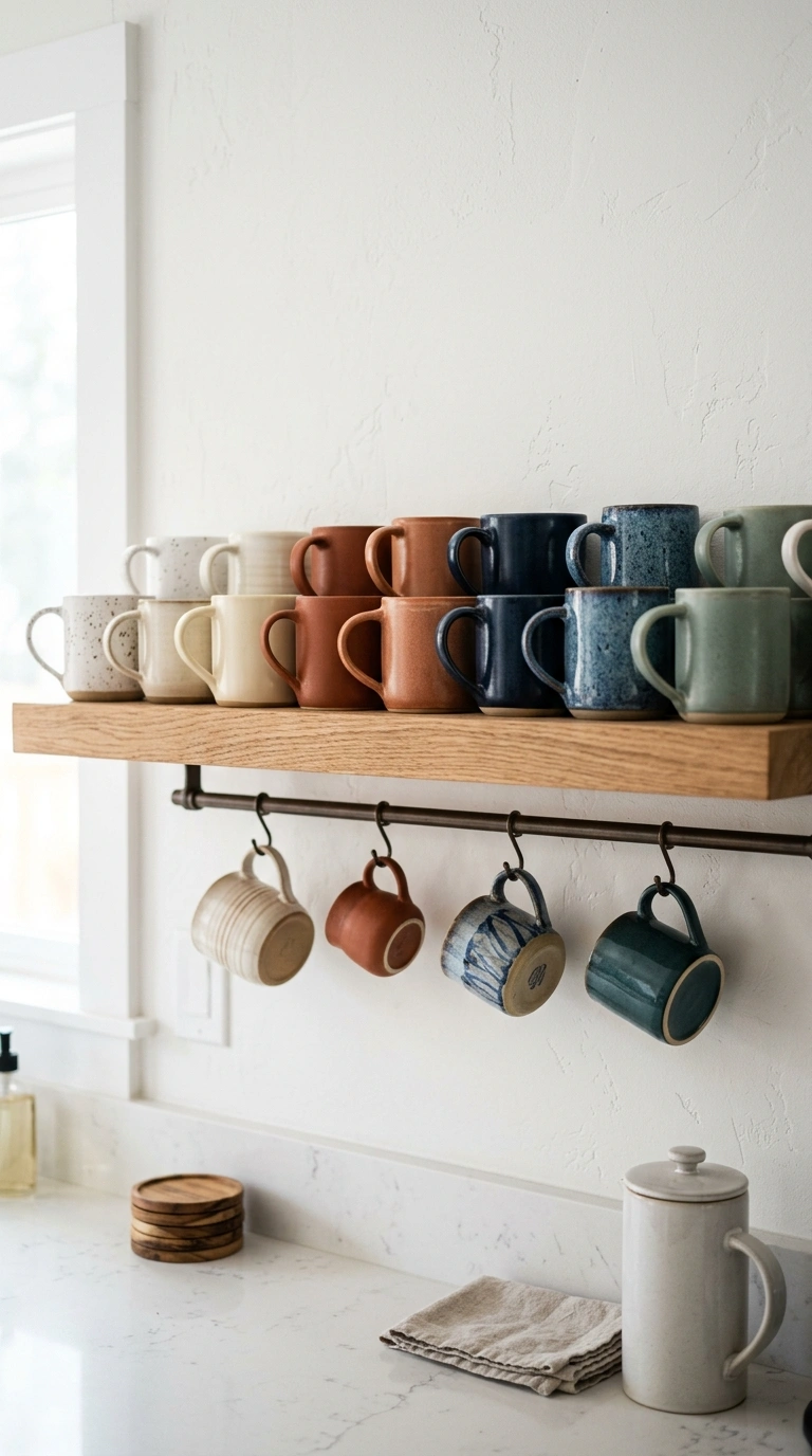 004 Open Shelf Mugs A kitchen open shelf displaying a