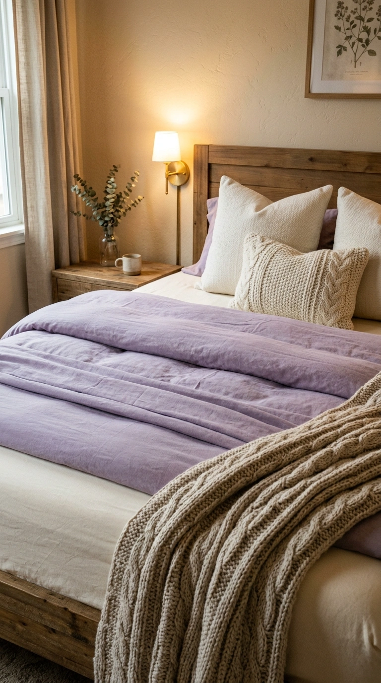 005 A bed layered with a cream fitted sheet lavender d