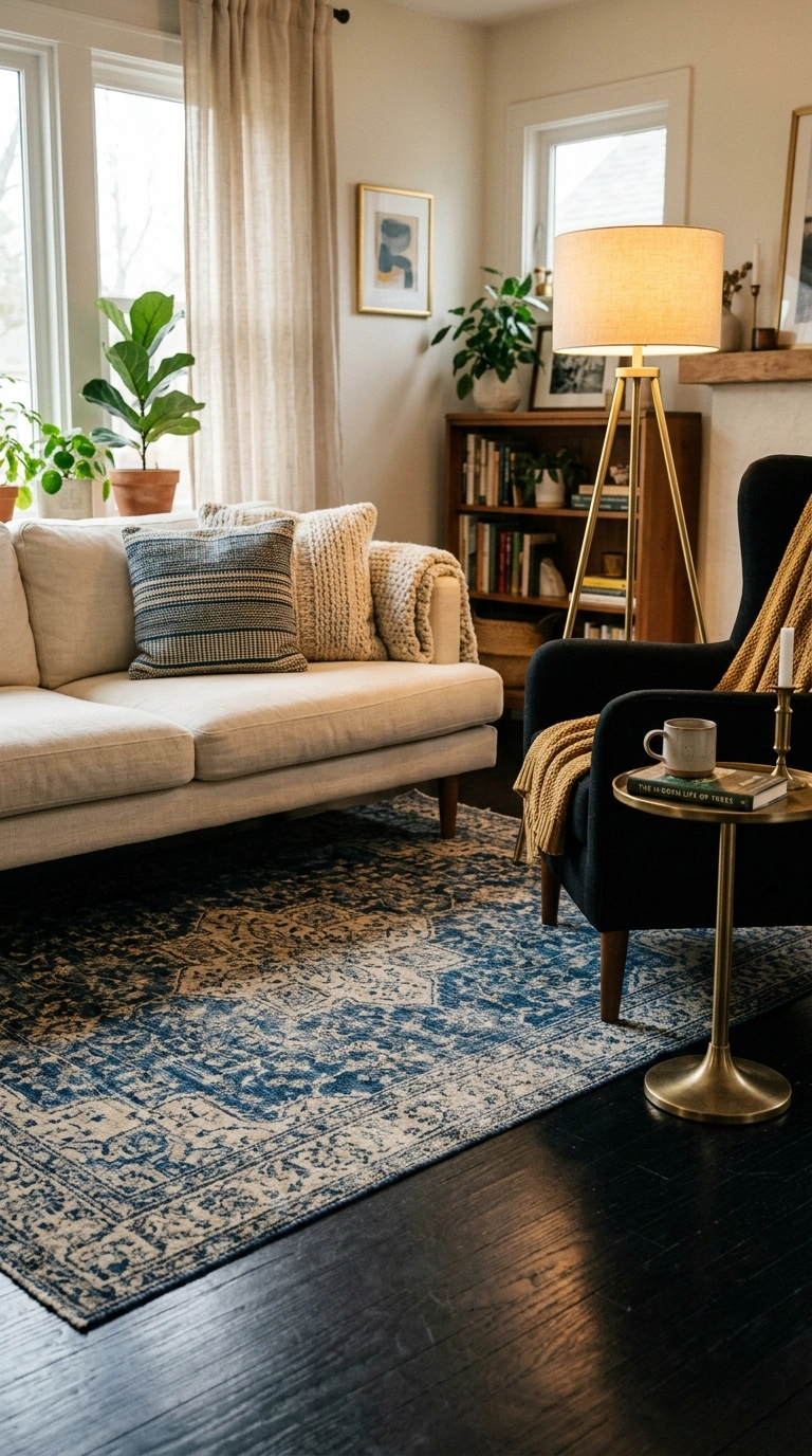 005 A cozy living room with a patterned indigo rug lay
