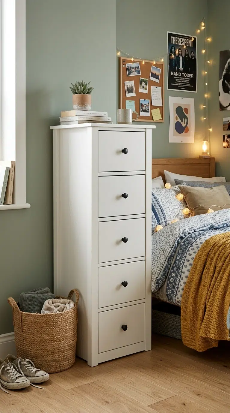 005 A narrow vertical storage tower with five drawers