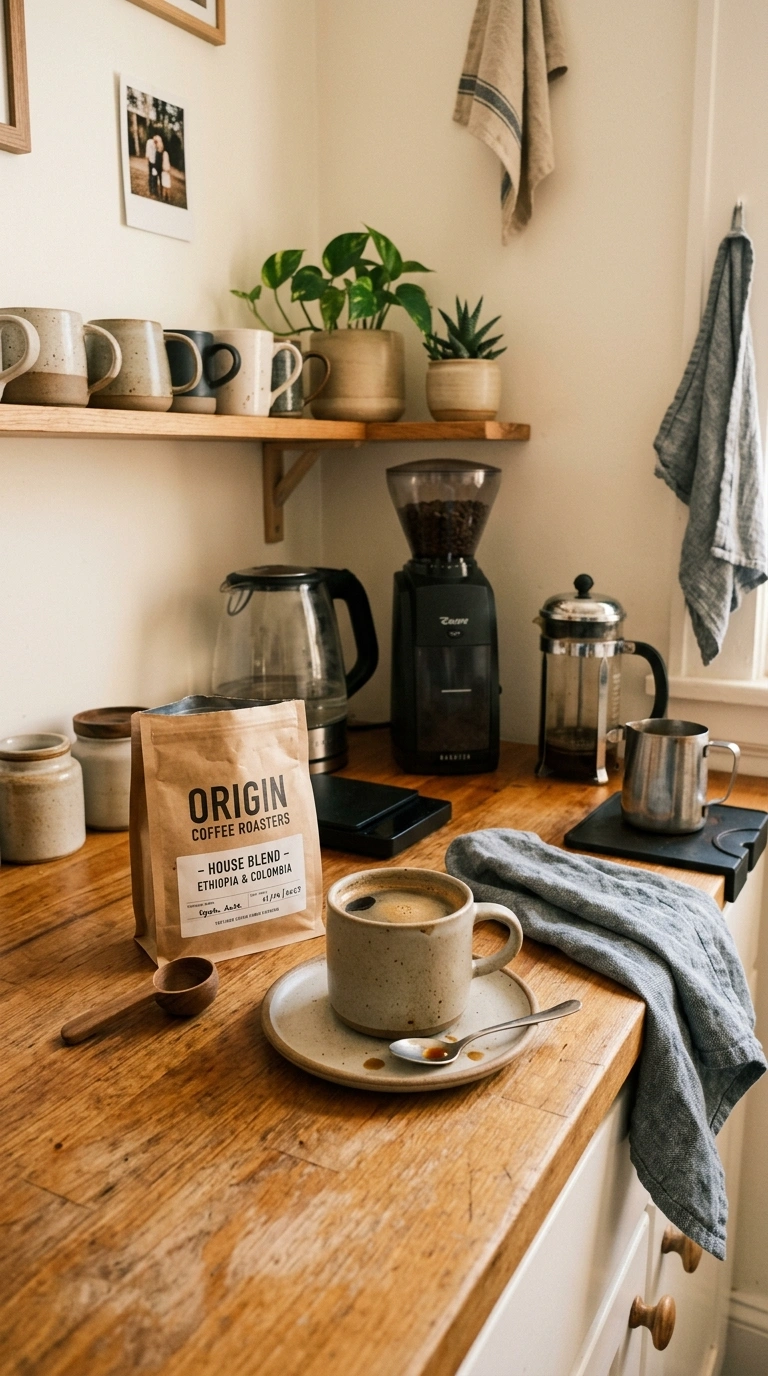 005 A relaxed lived in home coffee bar with a mug mid