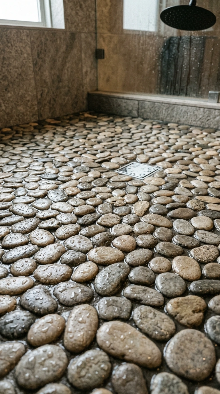 005 A shower floor covered in natural pebble stone til