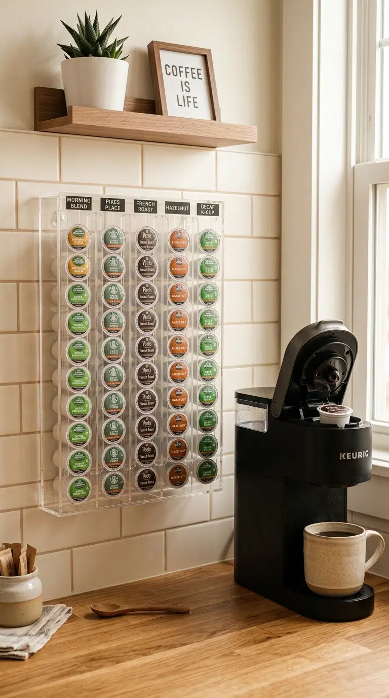 005 A wall mounted coffee pod dispenser beside a Keuri