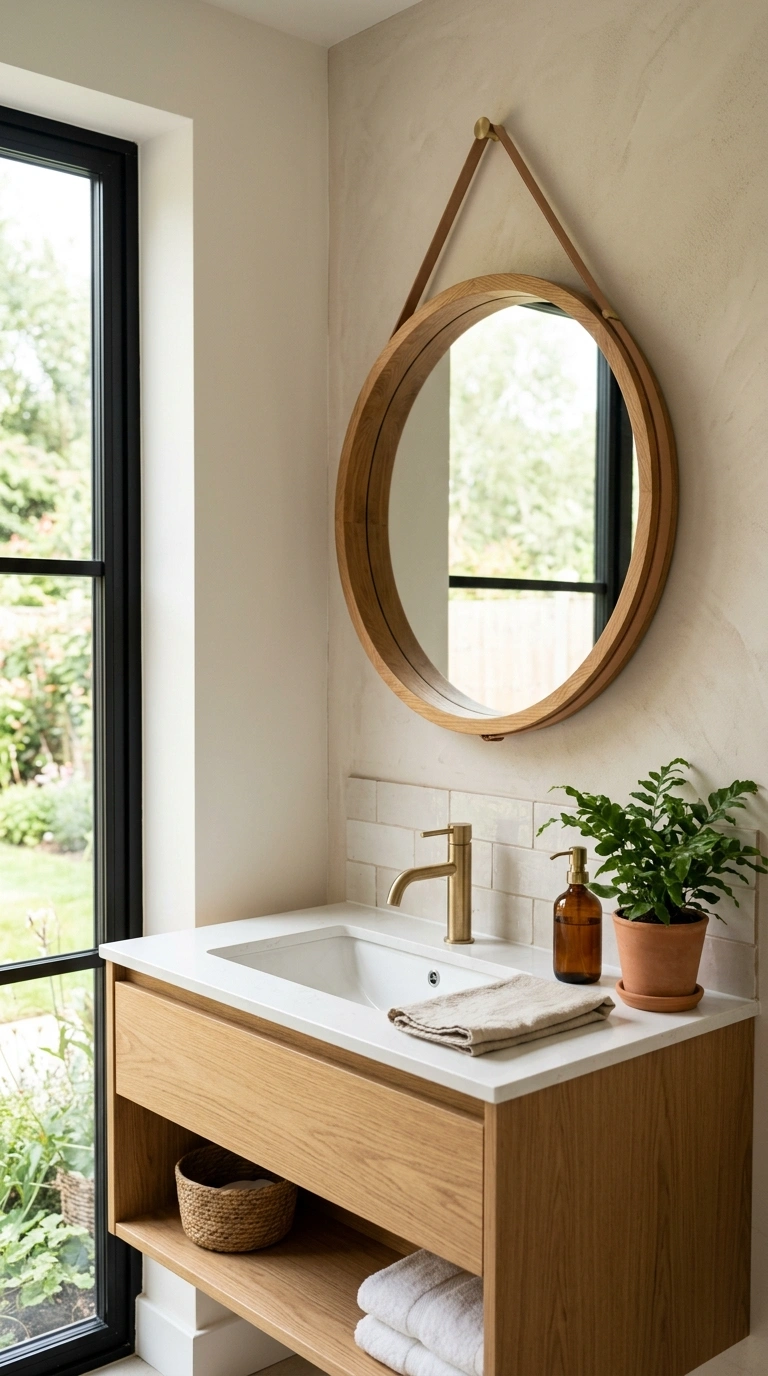 005 Framed Wall Mirror A bathroom vanity with a round