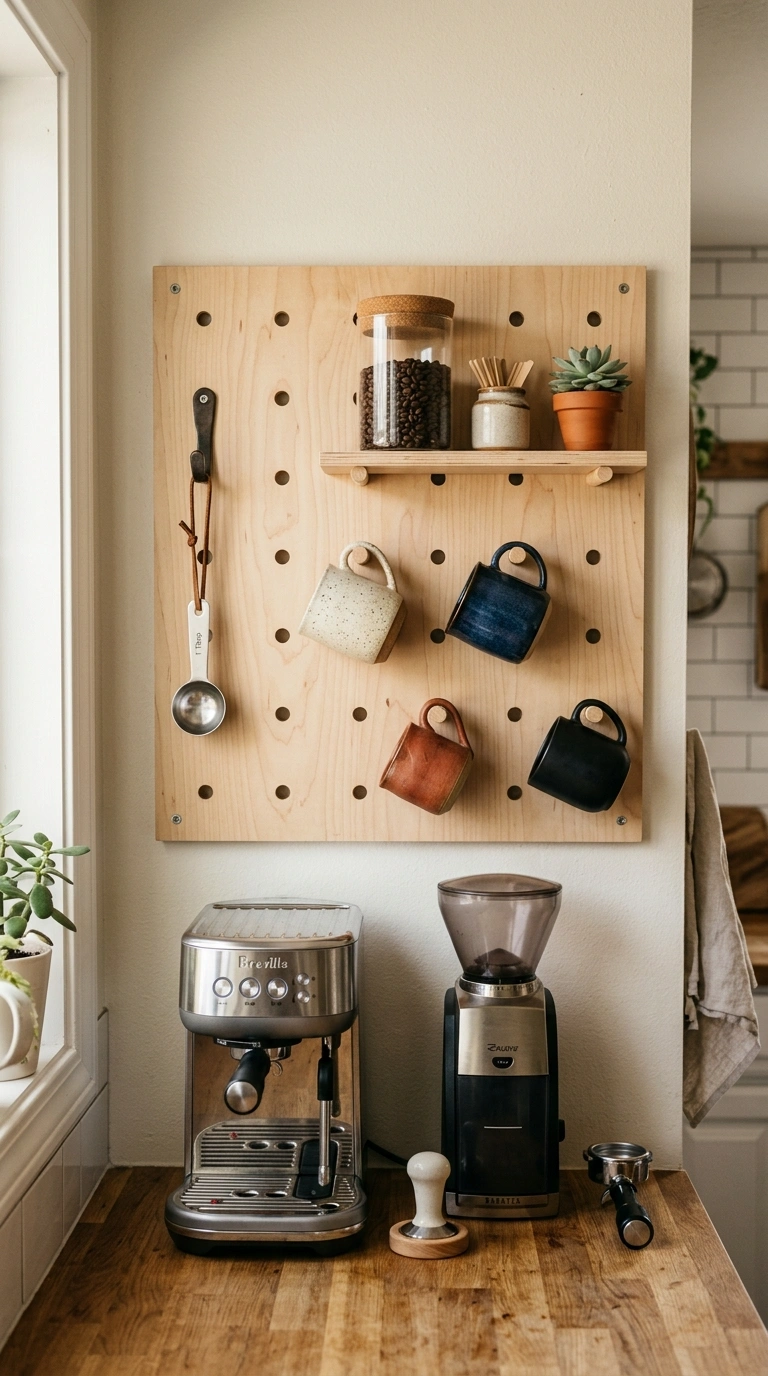 005 Pegboard Coffee Wall A natural wood pegboard mount
