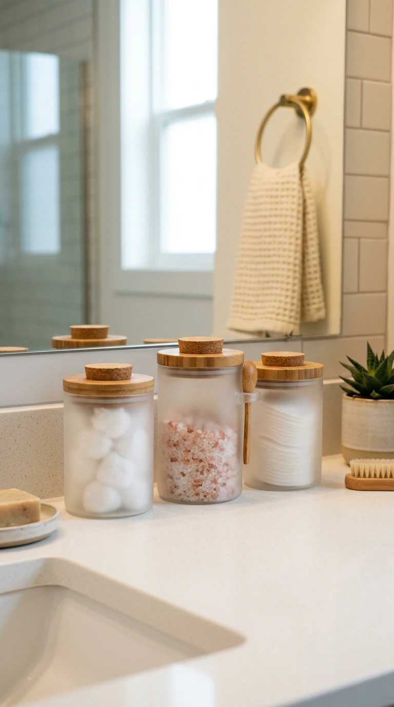 006 A bathroom counter lined with three frosted glass