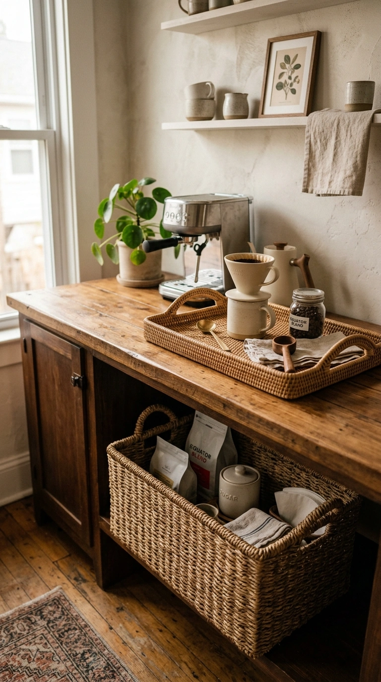 006 A home coffee bar with a woven seagrass basket tuc