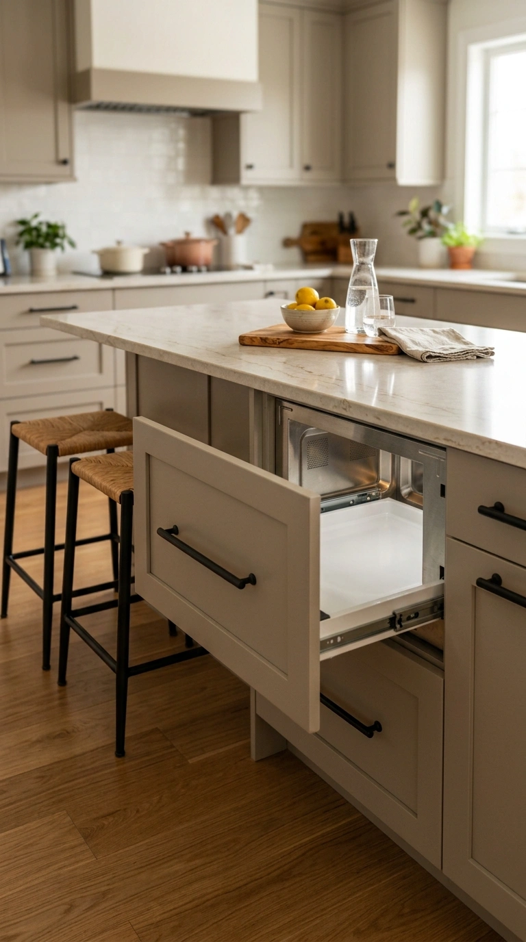 006 A kitchen island with a pull out microwave drawer