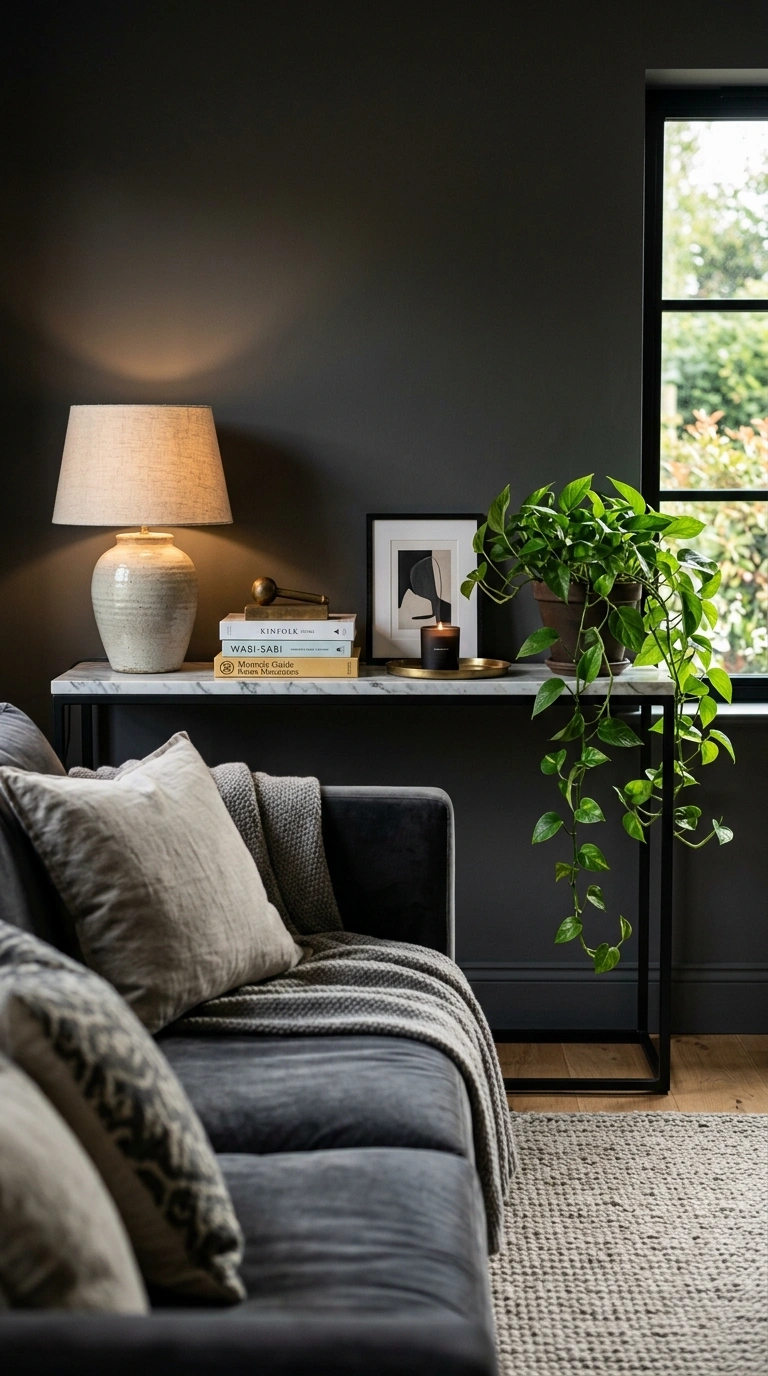 006 A living room with a black framed marble console b