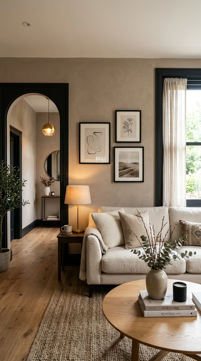 006 A living room with taupe walls and crisp matte bla