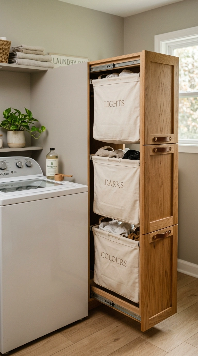 006 A pull out hamper tower open beside a white top lo