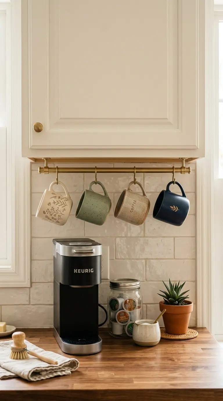 006 A slim brass mug rail mounted under an upper kitch