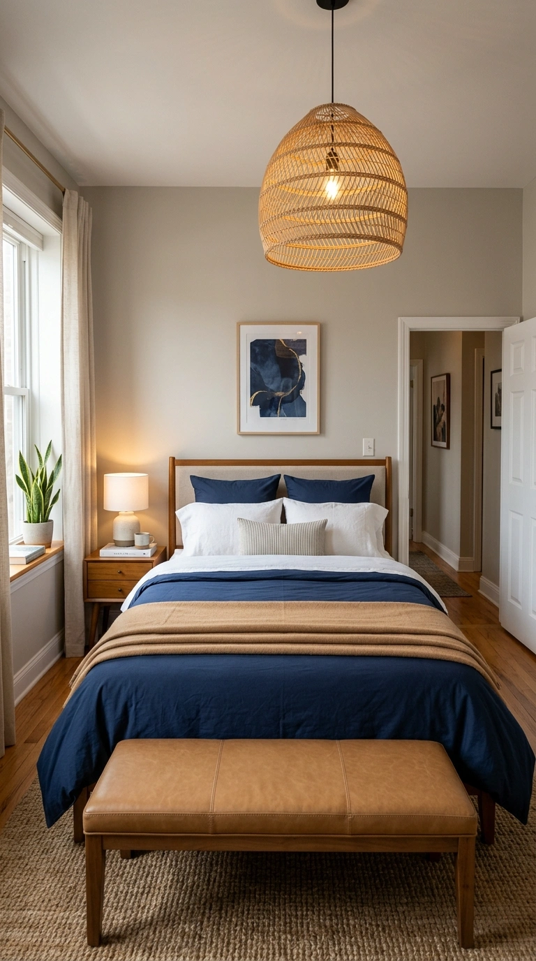 006 A tailored bedroom with soft greige walls a navy b