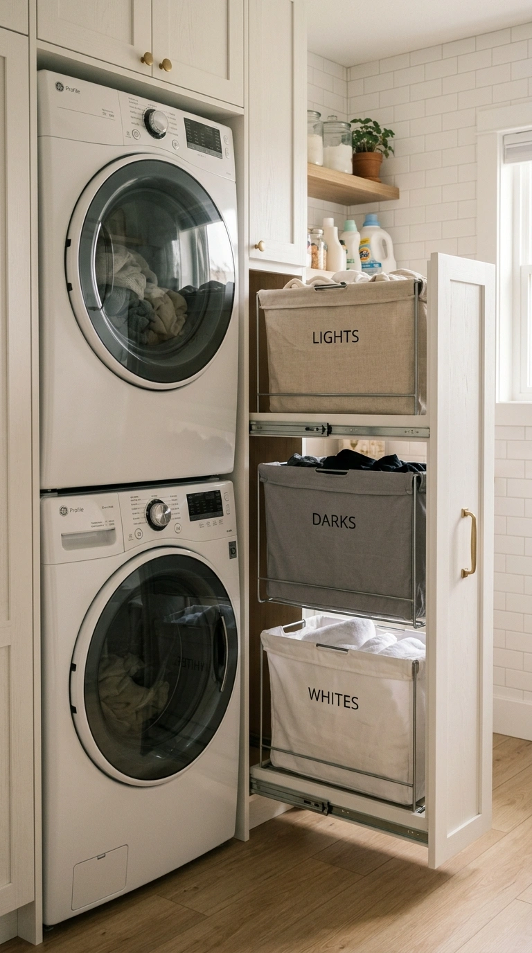 006 A tall narrow pull out hamper tower extended besid