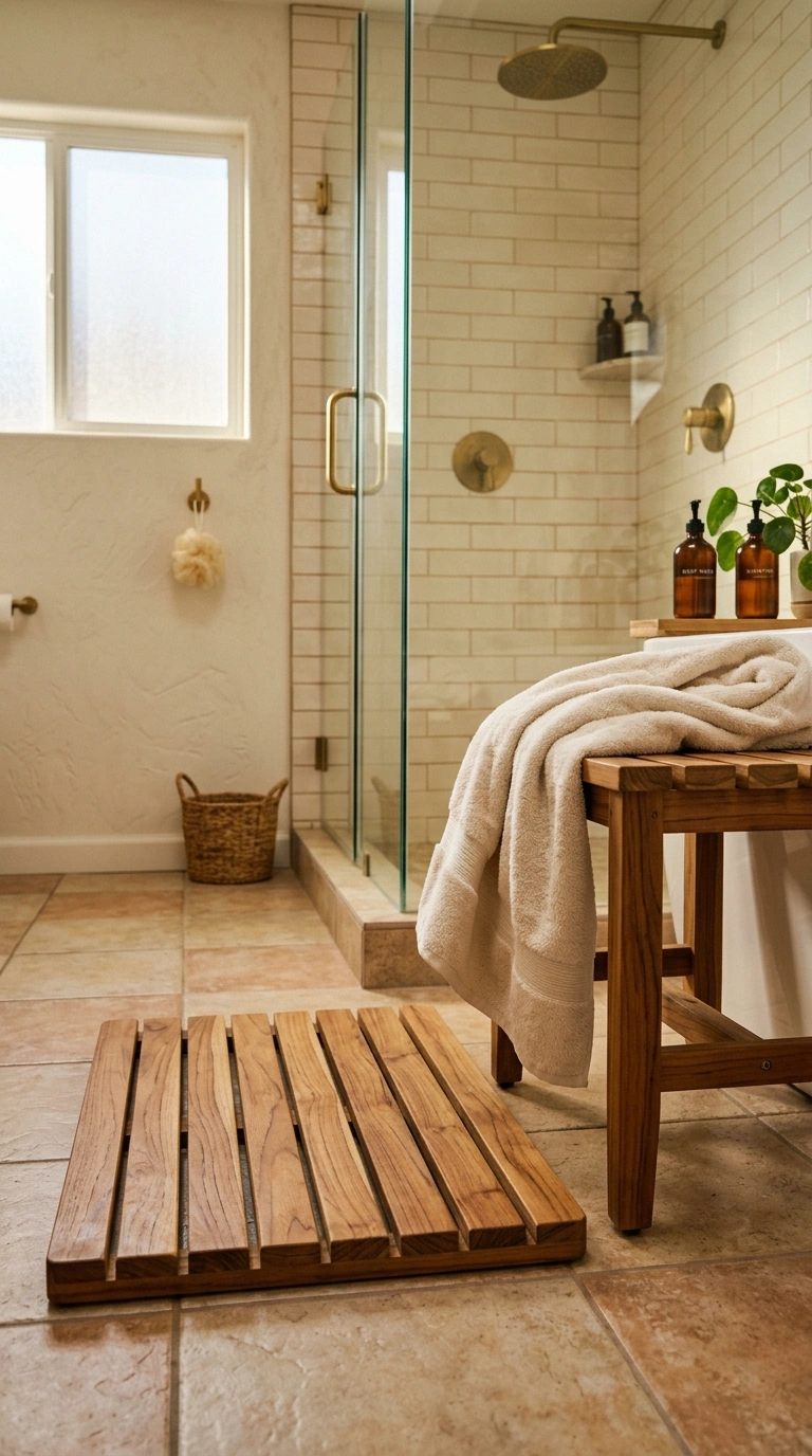 006 A teak wood bath mat and small teak shower stool p