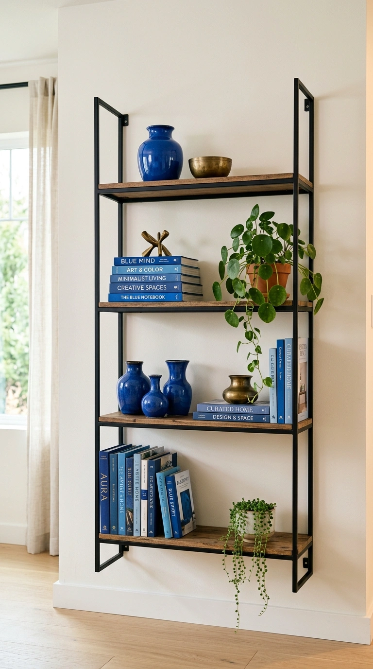 006 An open black iron shelving unit against a pale wa