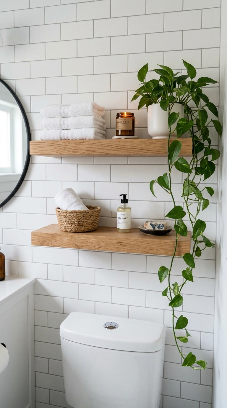 006 Floating Wood Shelves A bathroom wall with two flo