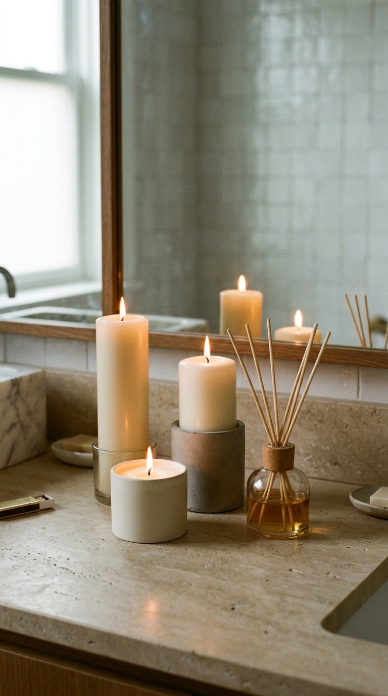 007 A bathroom counter styled with three candles at va