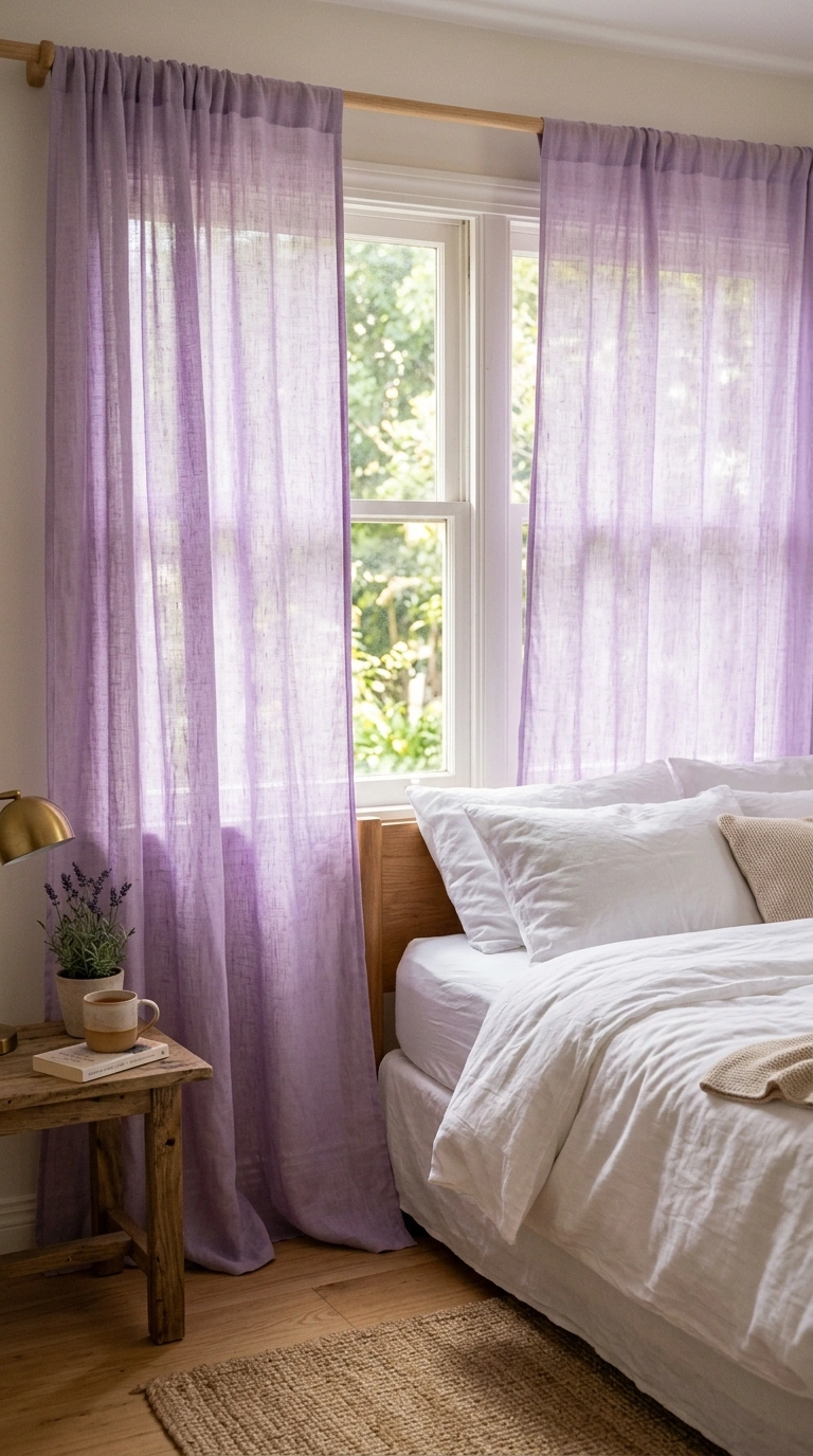 007 A bedroom window with sheer lavender linen curtain
