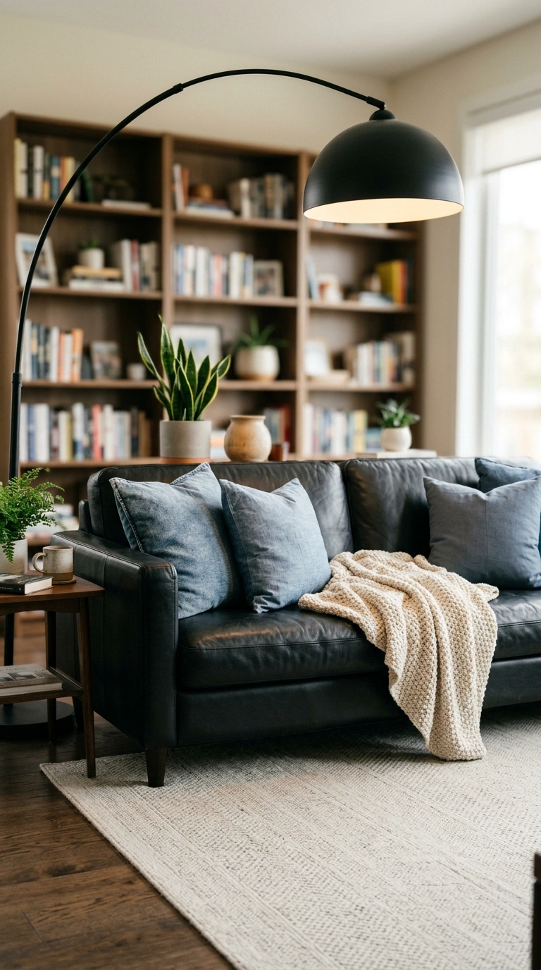 007 A den with a sleek black leather sofa topped with