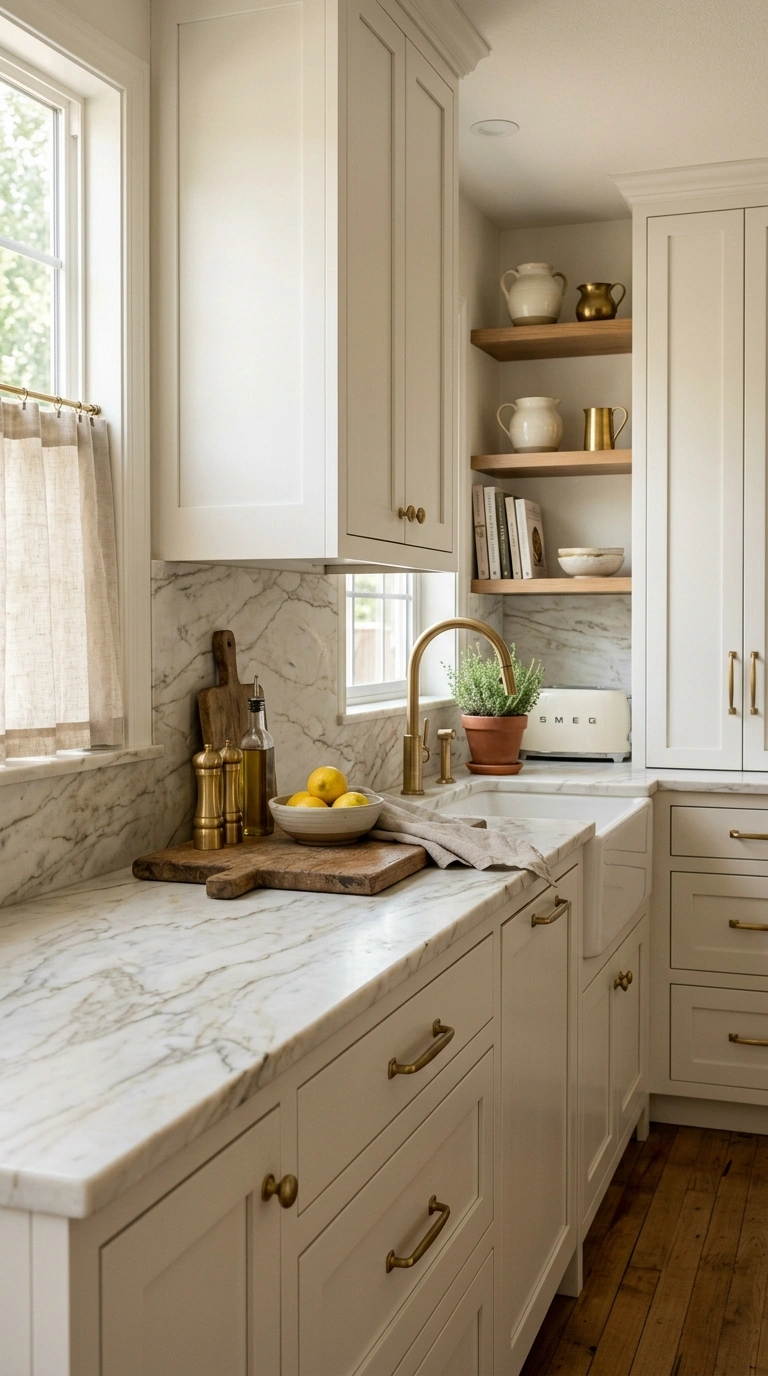 007 A kitchen with a soft veined natural stone counter