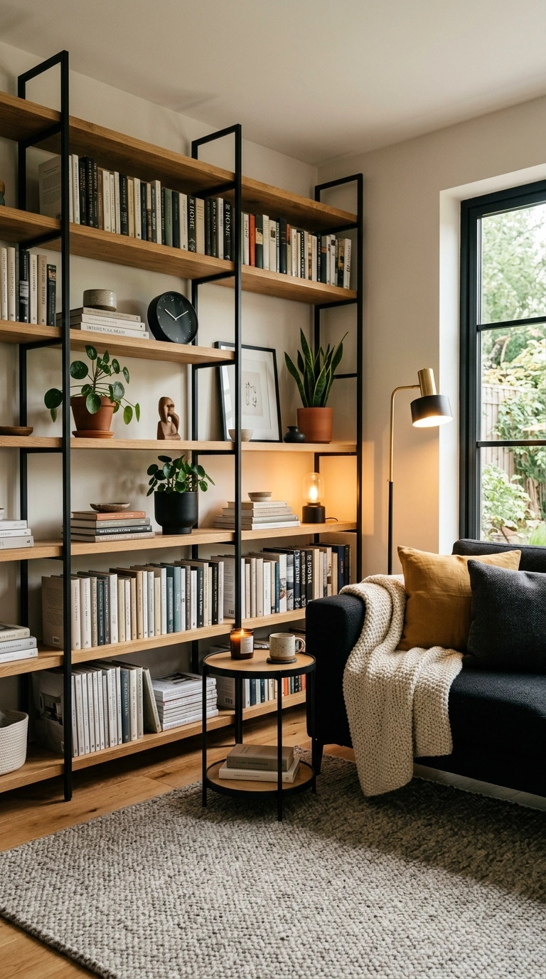 007 A living room mixing black metal and warm wood bla