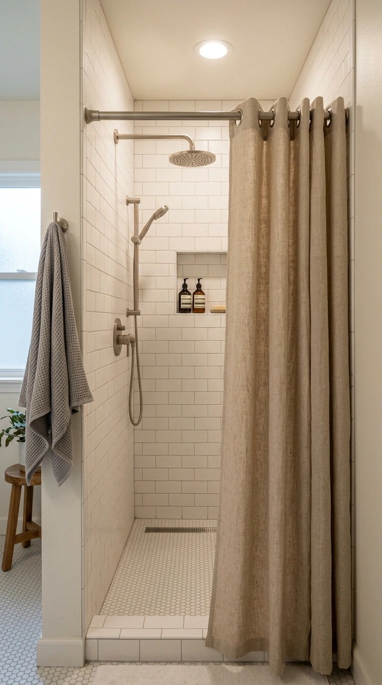 007 A shower area with a warm oatmeal linen curtain ha