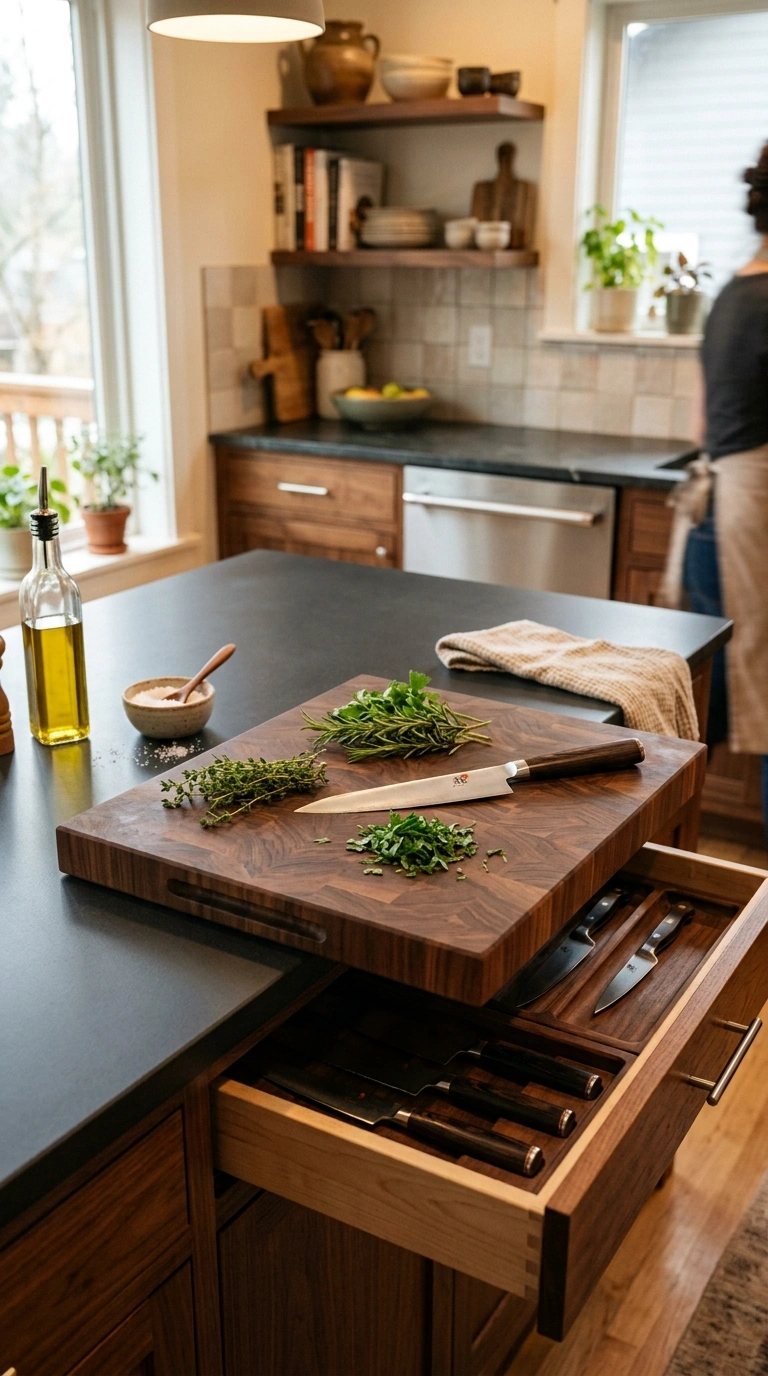 007 A slide out end grain walnut cutting board pulled