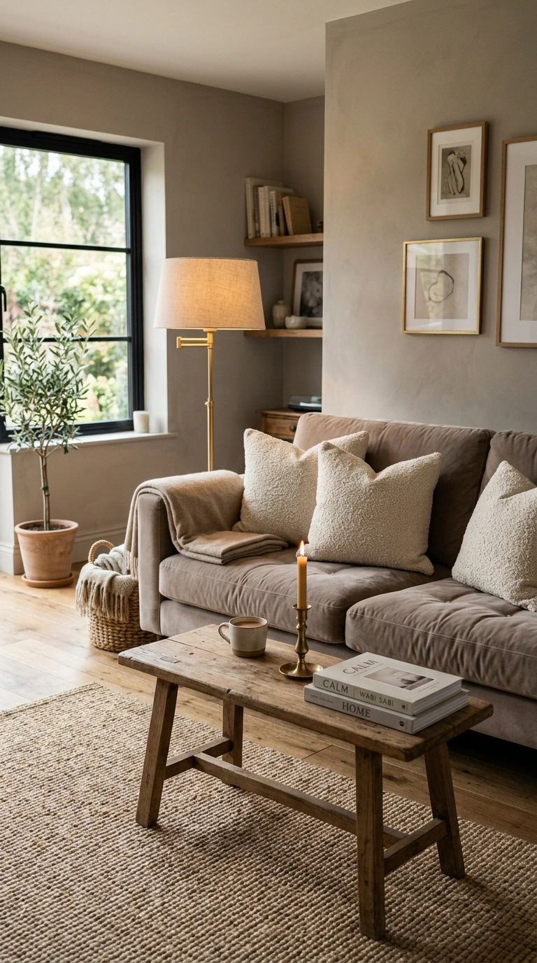 007 A taupe velvet sofa set against matching Elephants