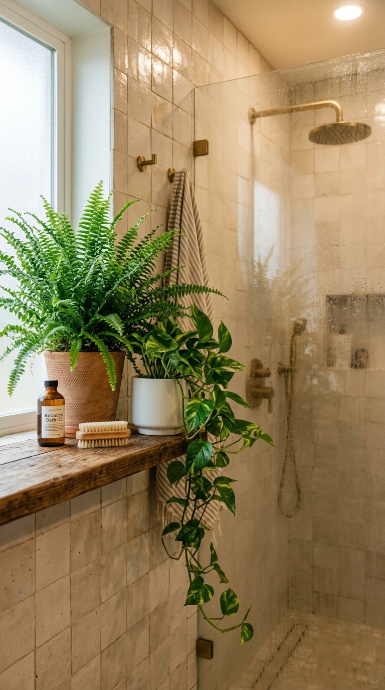 008 A bathroom shelf with a Boston fern and a pothos p