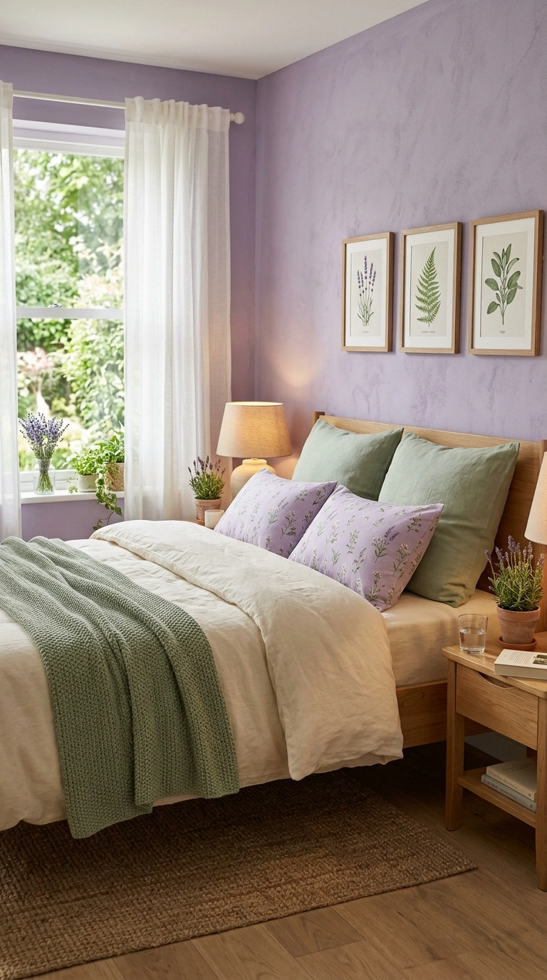 008 A bedroom combining soft lavender walls with sage