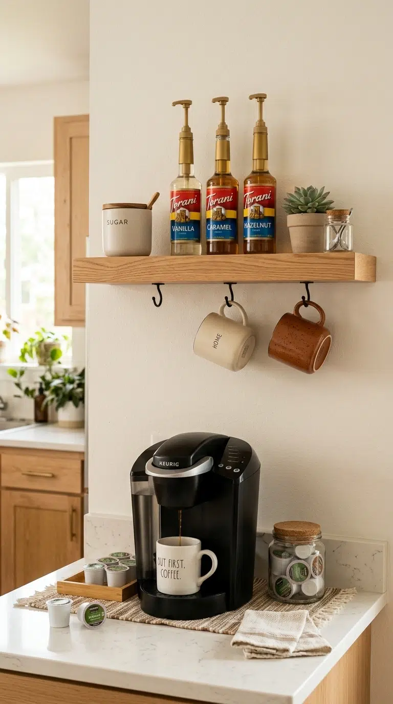 008 A floating wood shelf mounted above a Keurig coffe