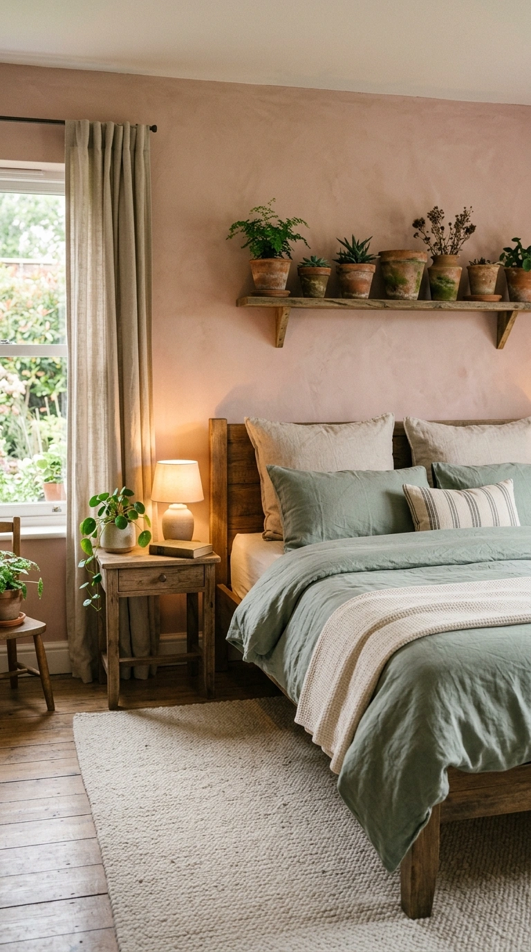 008 A gentle bedroom with clay pink walls muted sage g