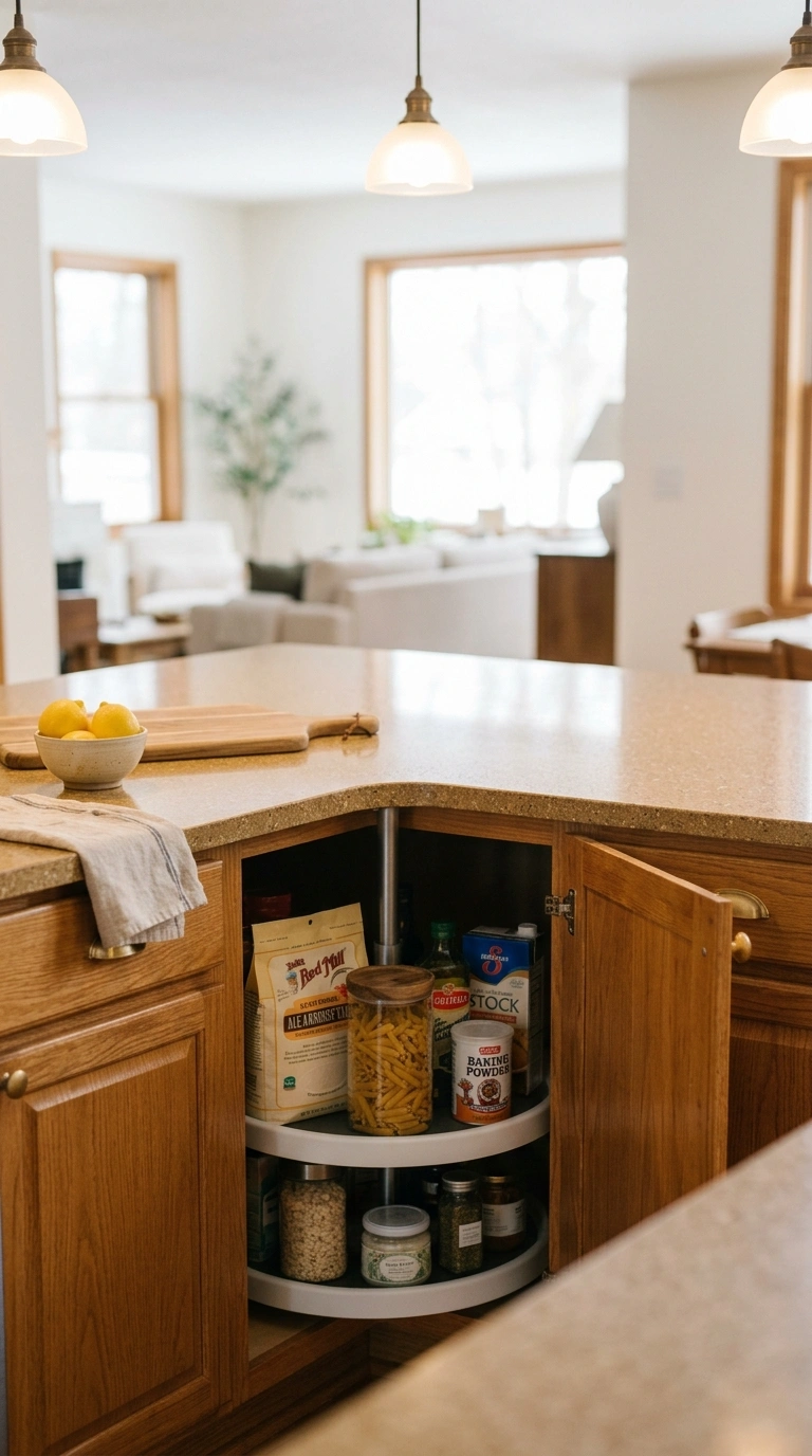008 A kitchen island corner base cabinet open to revea