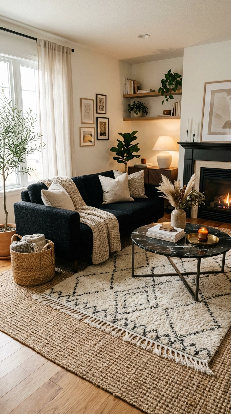 008 A living room grounded by a large jute rug layered