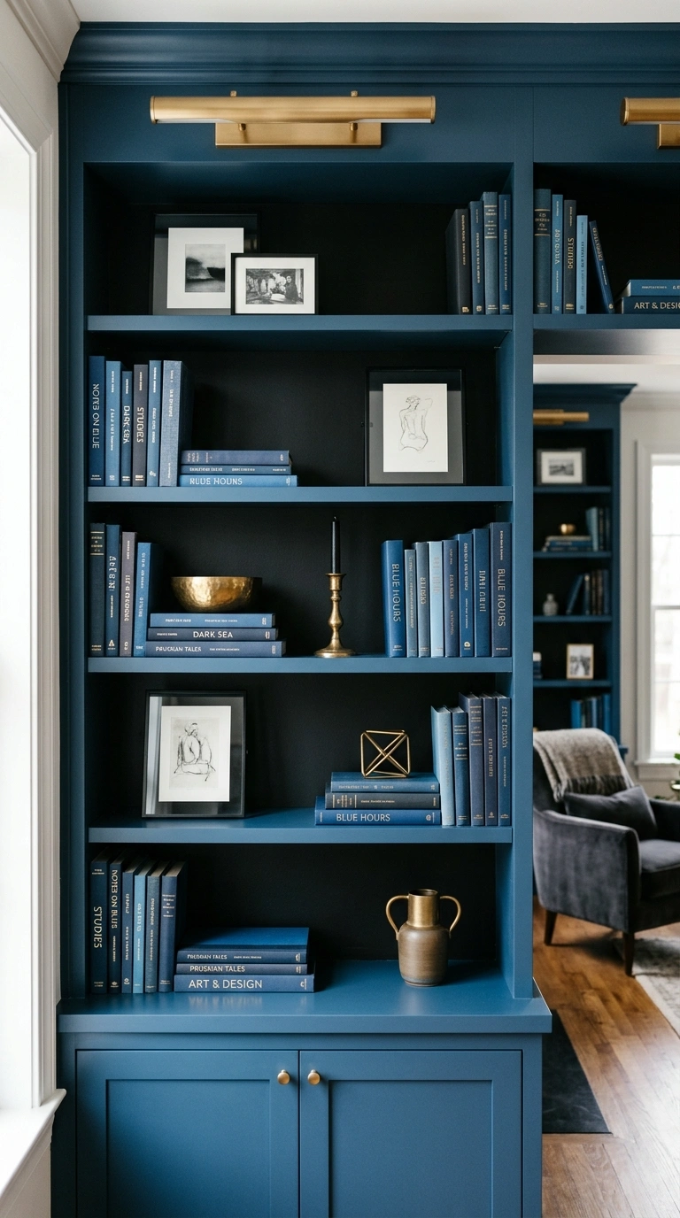 008 A living room wall of Prussian blue built in books