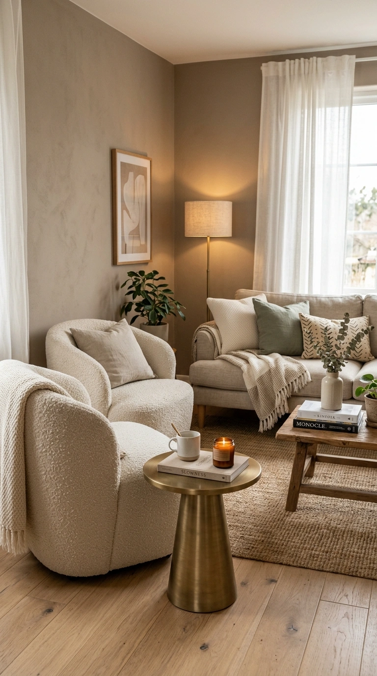 008 A pair of cream boucle armchairs angled toward a l