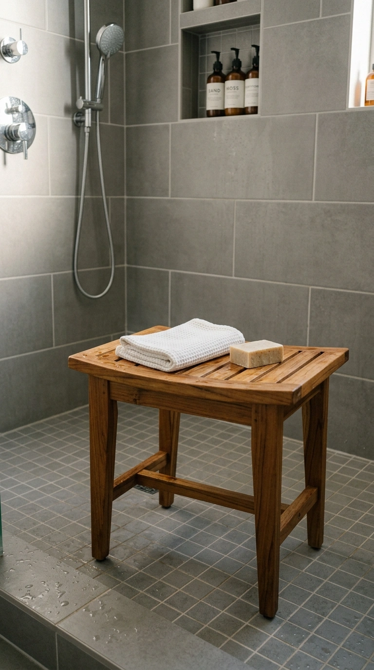 008 A walk in tile shower holding a natural teak wood