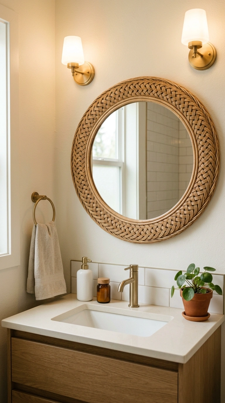 009 A bathroom vanity wall holding a round mirror fram