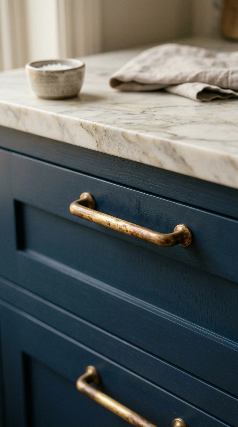 009 A close detail of unlacquered brass cabinet pulls
