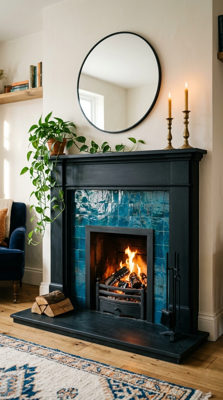 009 A fireplace with a peacock blue glossy zellige til