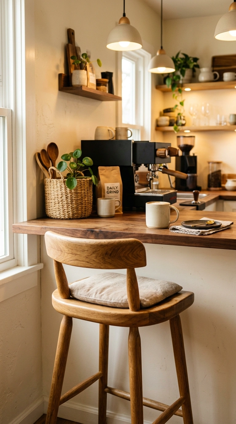 009 A home coffee bar with a warm wood counter stool w